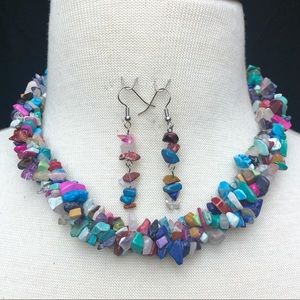 Multicolor Mixed Stone Chip Necklace Earrings Set